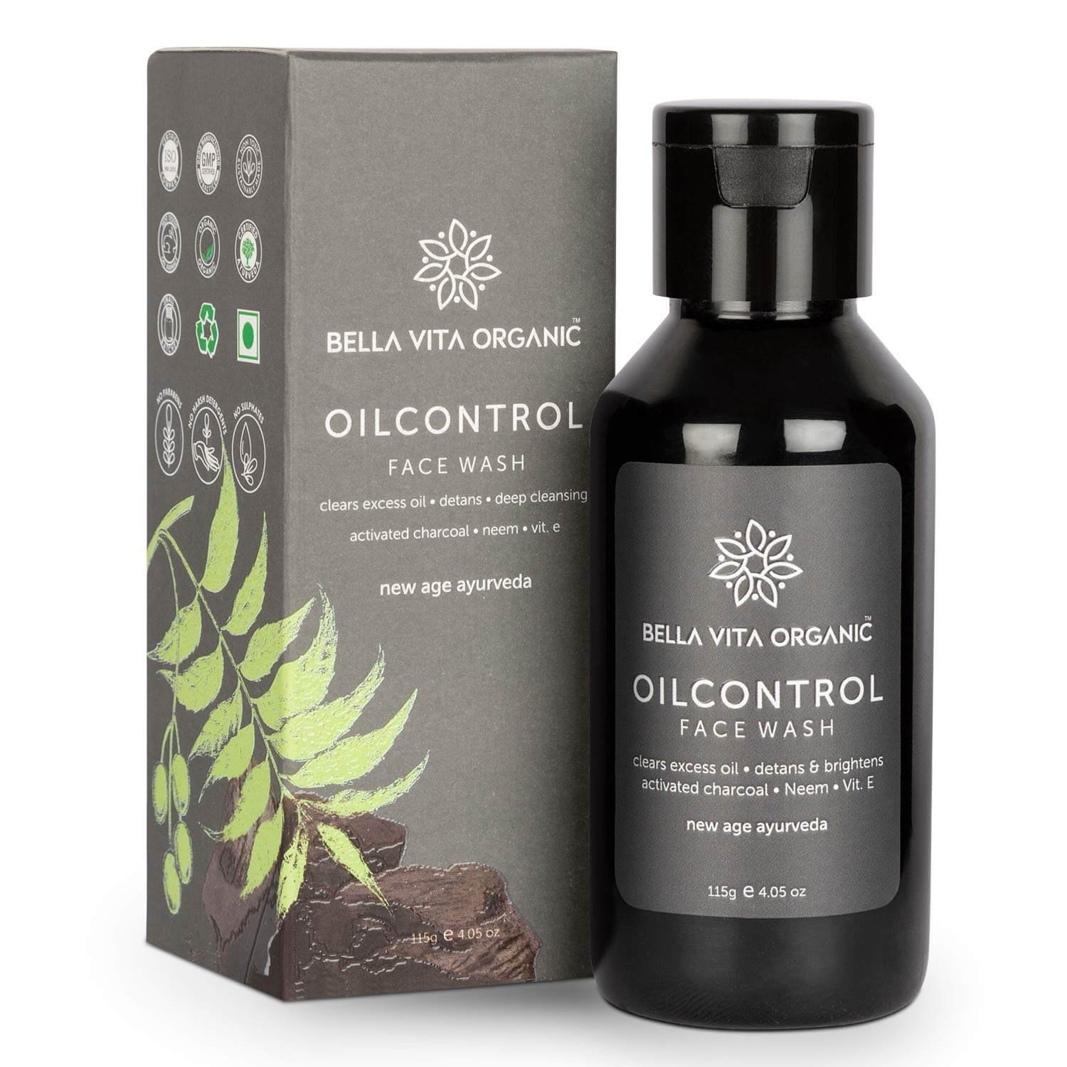 Bella Vita Organic Oil Control De-Tan Removal Face Wash with Activated Charcoal & Neem for Deep Cleansing, Dirt Removal & Skin Brightening, 115 gm